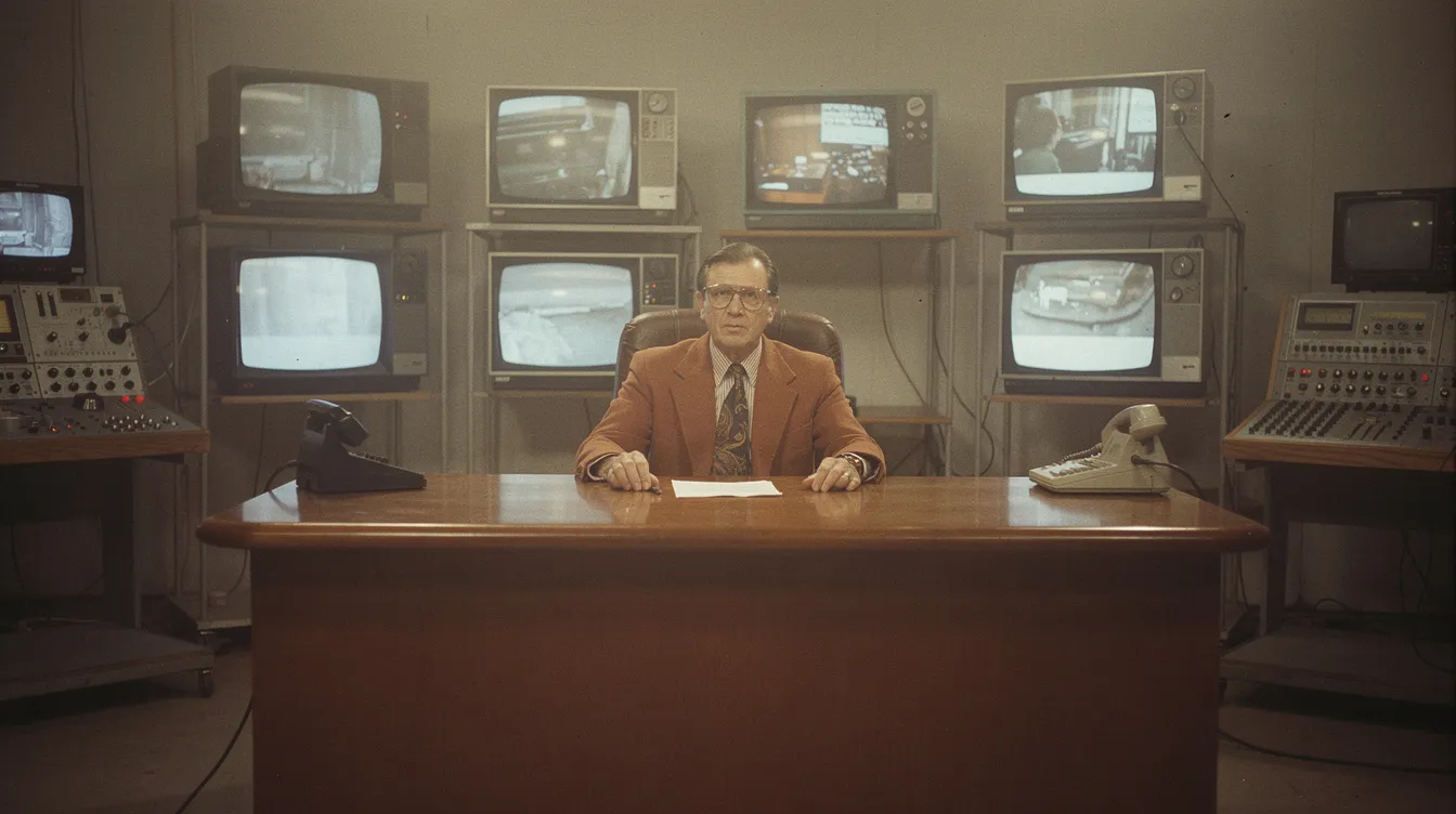 Das Bild zeigt ein Nachrichtenstudio im Stil der 1970er Jahre, ausgestattet mit einem einzelnen Moderatorenschreibtisch und Röhrenmonitoren, während gedämpfte Studiobeleuchtung eine nostalgische Atmosphäre schafft. Der Raum erinnert an die Ära von Nachrichtensprechern wie Howard Beale und vermittelt das Gefühl einer klassischen Live-Sendung im Fernsehen.