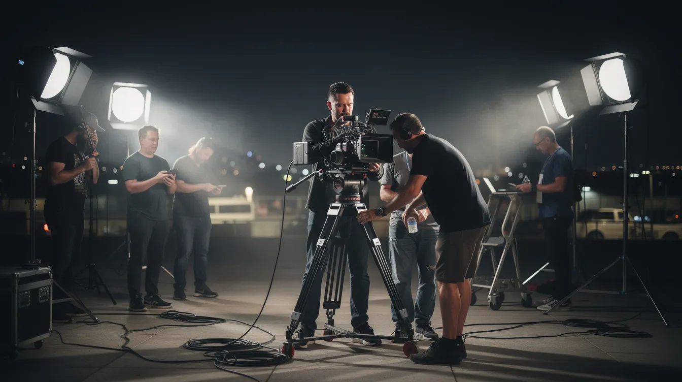 Ein Filmregisseur mit dunklem Haar steht hinter einer Kamera auf einem nächtlichen Filmset, umgeben von Crew-Mitgliedern und Scheinwerfern. Die Atmosphäre ist spannend und erinnert an die komplexe Erzählstruktur eines Thrillers wie "Memento", während die Scheinwerfer das Geschehen in dramatisches Licht tauchen.