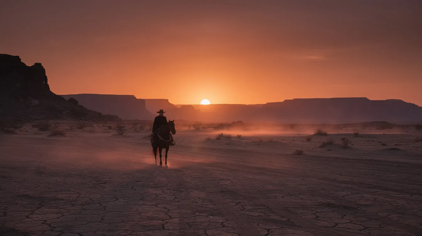 Ein einsamer Reiter in Silhouette steht vor einer weitläufigen, staubigen Wüstenlandschaft, während die Sonne im Hintergrund untergeht und den Himmel in warmen Farben erleuchtet. Diese Szene erinnert an die Atmosphäre klassischer Italo-Western wie "Zwei glorreiche Halunken", in denen Charaktere wie Blondie und Tuco um ihr Überleben kämpfen.