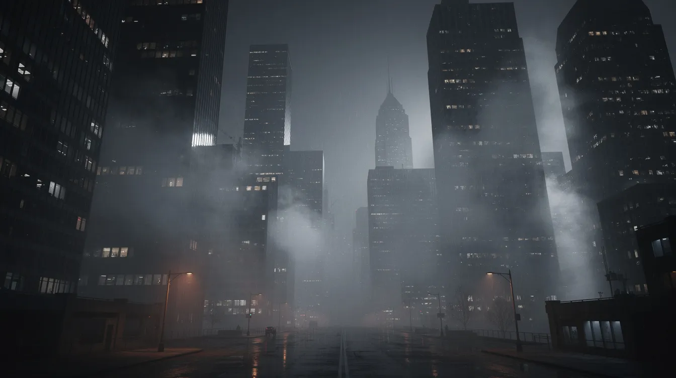 Die düstere Stadtsilhouette bei Nacht wird von dramatischem Nebel umhüllt, während einzelne Lichtquellen zwischen den Hochhäusern schimmern. Diese Atmosphäre erinnert an die spannungsgeladenen Werke von Regisseuren wie Christopher Nolan, die oft in urbanen Umgebungen spielen.