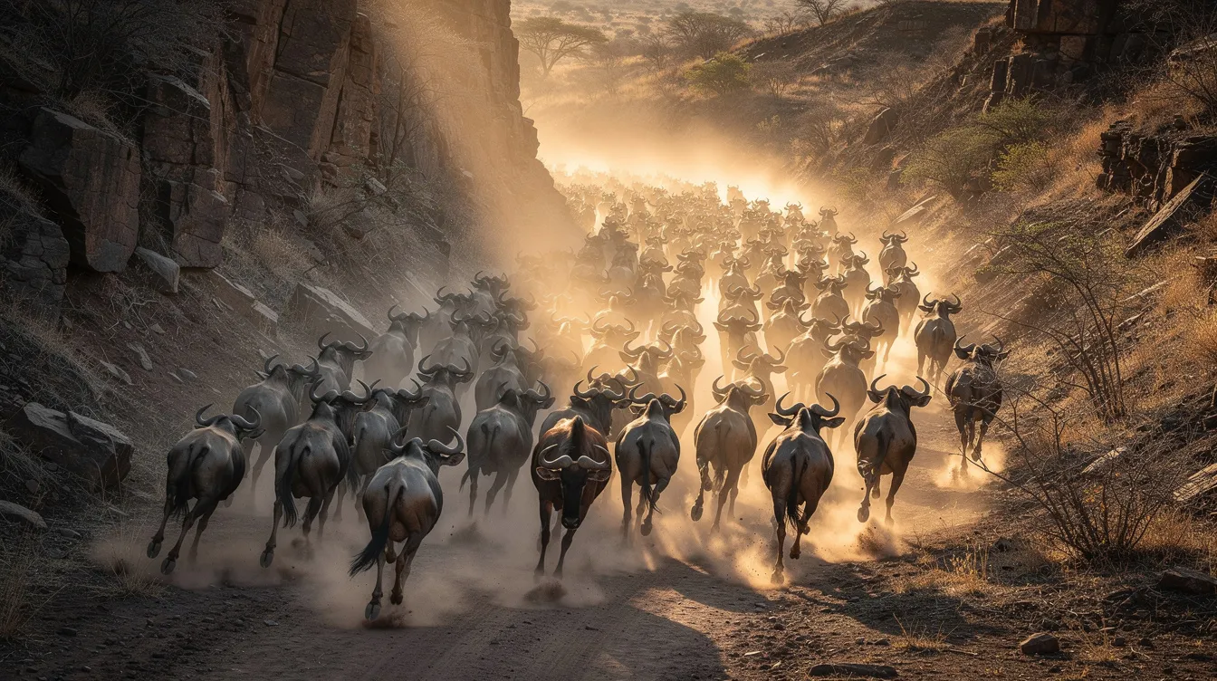 Eine große Herde wilder Gnus rennt durch eine staubige Schlucht in der afrikanischen Wildnis, umgeben von der beeindruckenden Kulisse der Savanne, die an die Abenteuer aus "Der König der Löwen" erinnert. Die Tiere bewegen sich schnell und chaotisch, während sie auf der Suche nach Wasser und Nahrung sind.