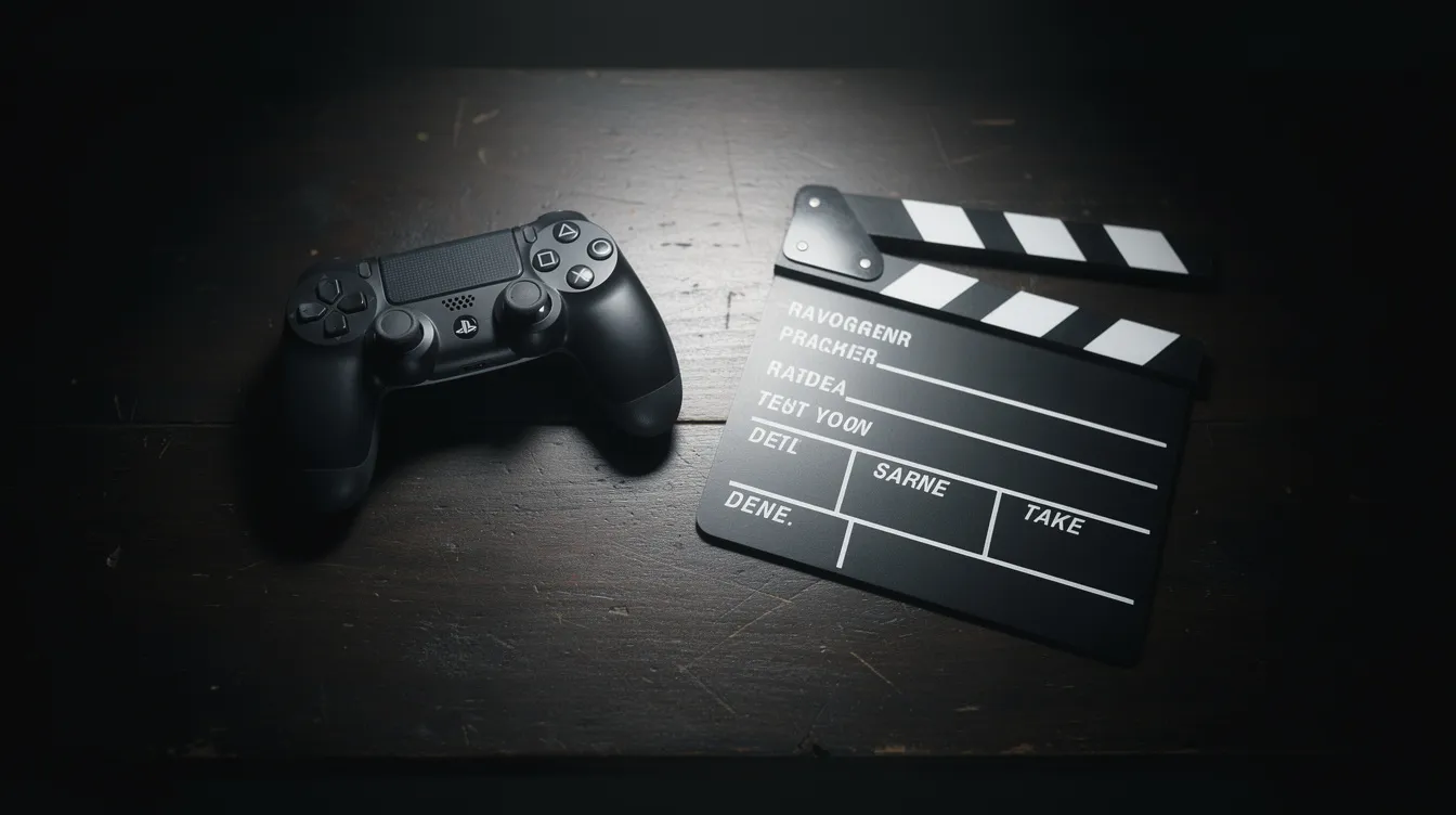 Auf einem dunklen Holztisch liegt ein Gamecontroller neben einer Filmklappe, während ein weiches Kino-Spotlicht von oben auf die Szene scheint. Diese Anordnung symbolisiert die Verbindung zwischen Videospielverfilmungen und der Filmwelt, die Fans von Titeln wie "The Last of Us" und "Resident Evil" begeistert.