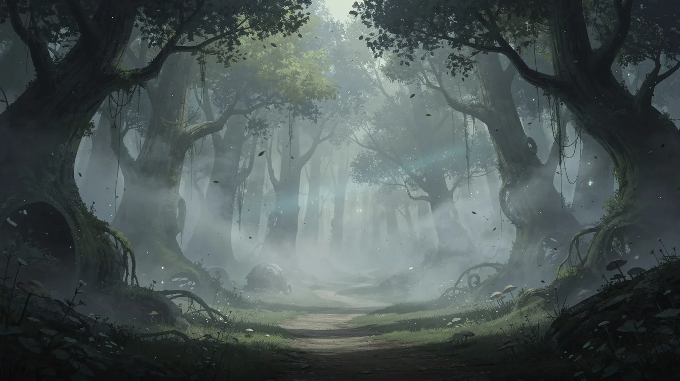 Ein animierter Wald mit einer mysteriösen Atmosphäre zeigt nebelverhangene Bäume und einen schmalen Pfad, der ins Unbekannte führt. Diese Szene vermittelt ein Gefühl der Vorahnung und Spannung, während sie die Fantasie anregt und den Betrachter auf eine geheimnisvolle Erzählung vorbereitet.