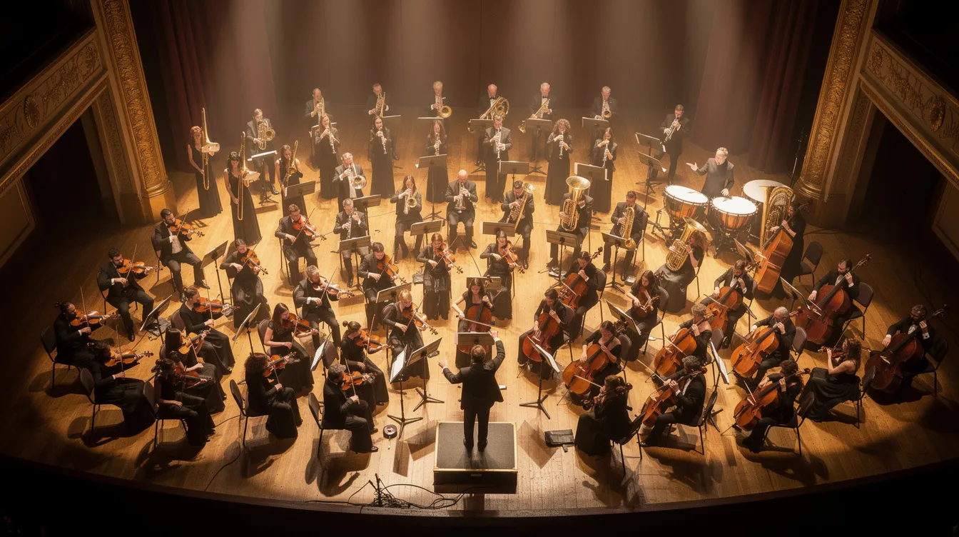 Das Bild zeigt ein Orchester in einem Konzertsaal, aus der Vogelperspektive aufgenommen. Die Musiker spielen konzentriert unter dramatischer Bühnenbeleuchtung, was eine eindrucksvolle Huldigung an die Kunst der Musik darstellt.