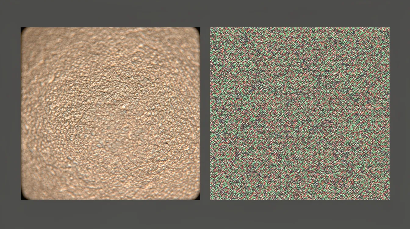 Das Bild zeigt zwei nebeneinanderliegende Ausschnitte: Links ist ein vergrößerter Ausschnitt mit sichtbarem Filmkorn, das die charakteristischen Merkmale der Analogfotografie widerspiegelt, während rechts ein vergrößerter Ausschnitt mit digitalem Bildrauschen zu sehen ist, das häufig in der digitalen Fotografie auftritt. Beide Ausschnitte verdeutlichen die Unterschiede in der Technik und dem Charakter der jeweiligen Fotografie.