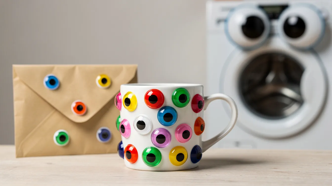 Die Nahaufnahme zeigt bunte Kulleraugen-Aufkleber, die auf verschiedenen Alltagsgegenständen wie einem Briefumschlag, einer Waschmaschine und einer Kaffeetasse angebracht sind. Diese verspielten Elemente verleihen den Objekten eine lebendige Note und erinnern an die kreative Vielfalt, die in Filmen wie "Everything Everywhere All at Once" zu finden ist.