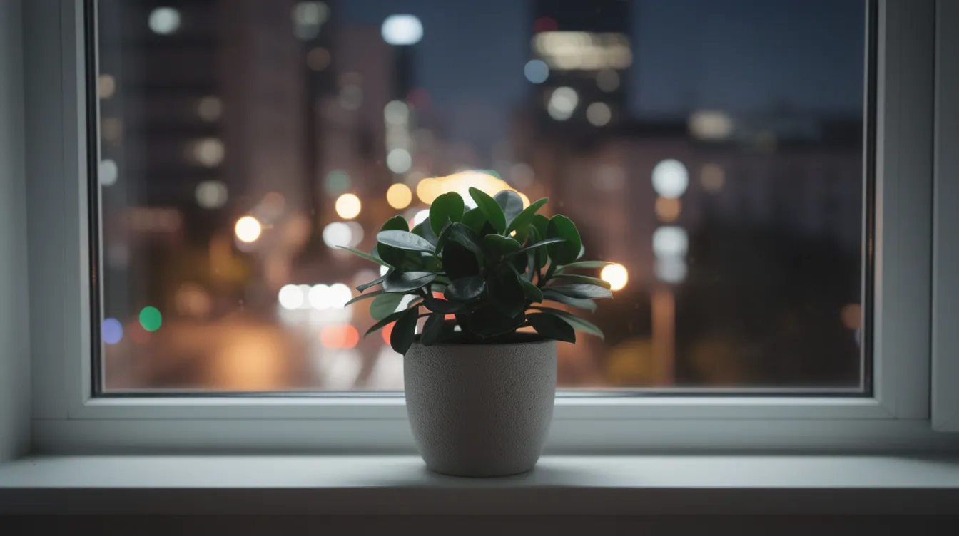 Auf der Fensterbank steht eine einzelne grüne Topfpflanze, während im Hintergrund verschwommen die Lichter einer Stadt, möglicherweise New York, leuchten. Diese ruhige Szene vermittelt eine entspannte Atmosphäre, die an die stilvollen Momente in Filmen wie "Léon der Profi" erinnert.