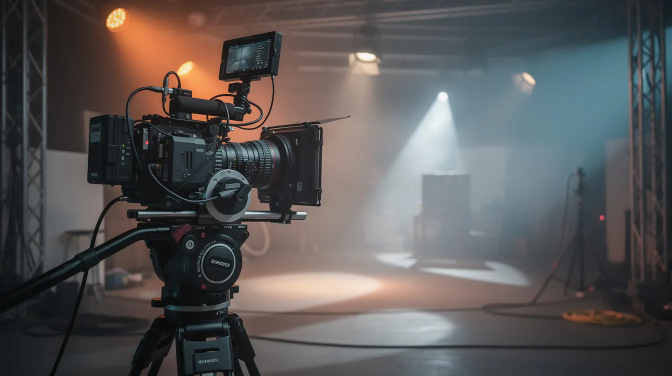 Eine professionelle Filmkamera ist auf einem Kran montiert und blickt auf ein dramatisch beleuchtetes Filmset, das an die beeindruckenden Szenen aus "Avengers: Endgame" erinnert. Die Atmosphäre ist intensiv und vermittelt das Gefühl von Spannung und Kreativität im Filmprozess.