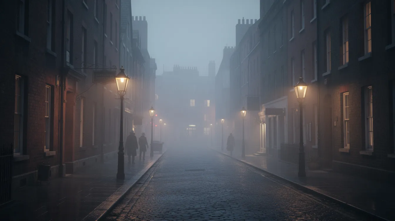Eine neblige Straßenszene in London zeigt Backsteinfassaden und Laternen, die in der Dämmerung schwach leuchten. Diese Atmosphäre erinnert an eine Gaunerkomödie, in der Betrüger und Schurken durch die Straßen ziehen.