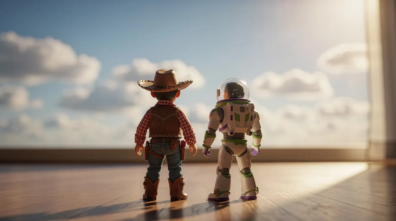 Ein Cowboy-Puppe namens Woody und eine Astronauten-Figur namens Buzz stehen nebeneinander und blicken in den weiten blauen Himmel mit weißen Wolken. Die warme goldene Lichtstimmung vermittelt eine hoffnungsvolle Atmosphäre, die an die Themen von Freundschaft und Abenteuer in Disney-Filmen erinnert.