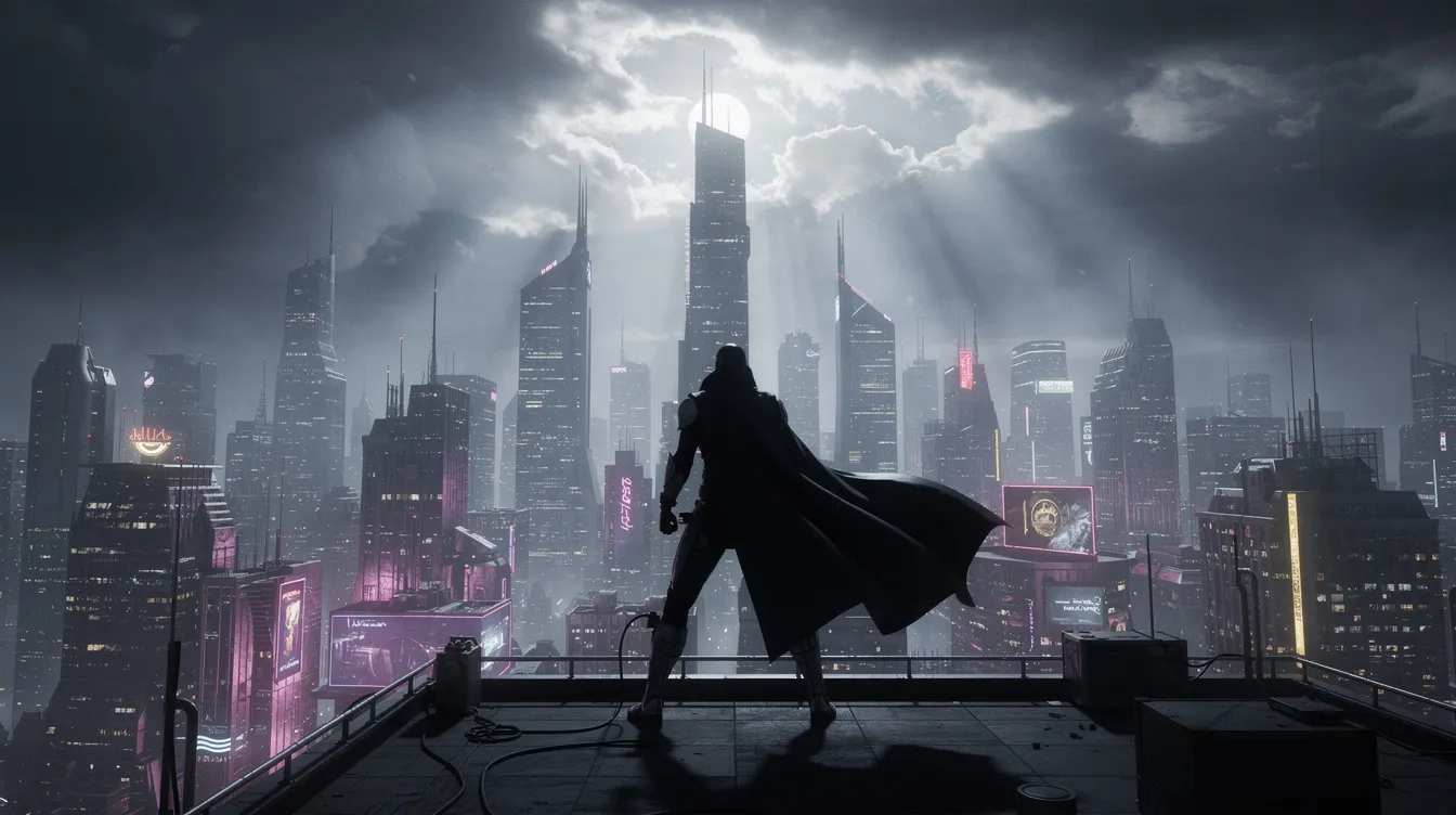 Eine einsame, heroische Silhouette steht gegen die leuchtende Skyline einer nächtlichen Stadt, umgeben von dramatischen Wolken und Mondlicht. Diese Szene erinnert an die Abenteuer von Spider-Man, während er über New York schwingt, bereit, die Stadt vor Verbrechen zu beschützen.