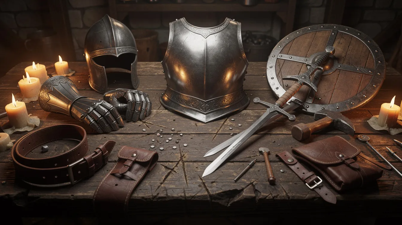 Auf einem hölzernen Werkstatttisch sind detaillierte mittelalterliche Rüstungsstücke, Schwerter, Schilde und Lederzeug arrangiert, die von warmem Kerzenlicht beleuchtet werden. Diese Szene erinnert an die epischen Kämpfe aus "Der Herr der Ringe: Die Rückkehr des Königs" und vermittelt ein Gefühl von Abenteuer und Geschichte in Mittelerde.