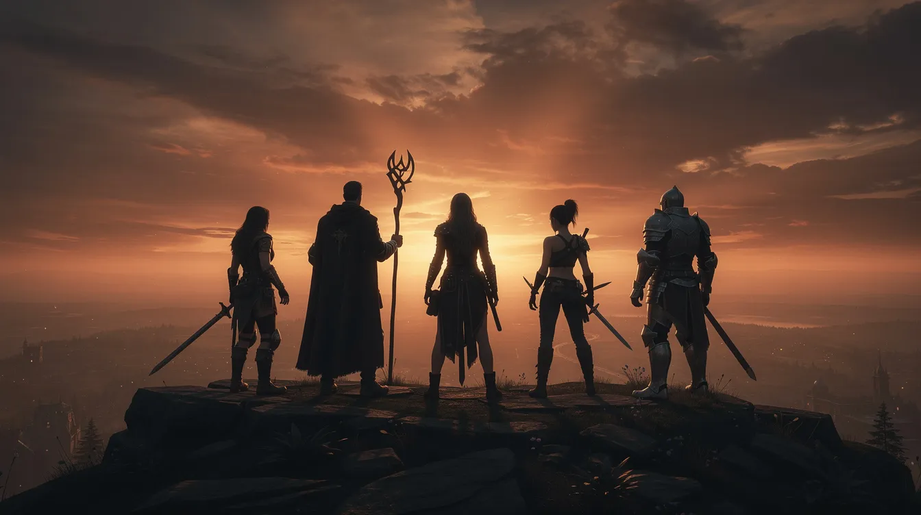 Das Bild zeigt eine epische Panoramaansicht einer Gruppe von Helden, die in Silhouette auf einen orangen Horizont blicken. Diese Szene vermittelt den Eindruck eines bevorstehenden Showdowns im Marvel Cinematic Universe, möglicherweise inspiriert von "Avengers: Infinity War".