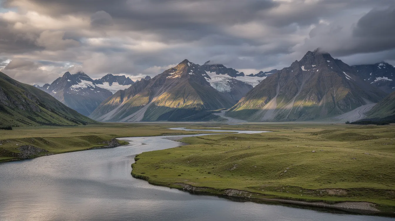 Die Panoramaaufnahme zeigt eine atemberaubende neuseeländische Berglandschaft mit weitläufigen grünen Tälern und einem klaren Fluss, unter einem dramatischen Wolkenhimmel, der an die beeindruckenden Kulissen aus "Der Herr der Ringe: Die zwei Türme" erinnert. Diese Landschaft könnte leicht als Kulisse für ein episches Fantasy-Epos wie das von Peter Jackson inszenierte Werk dienen.