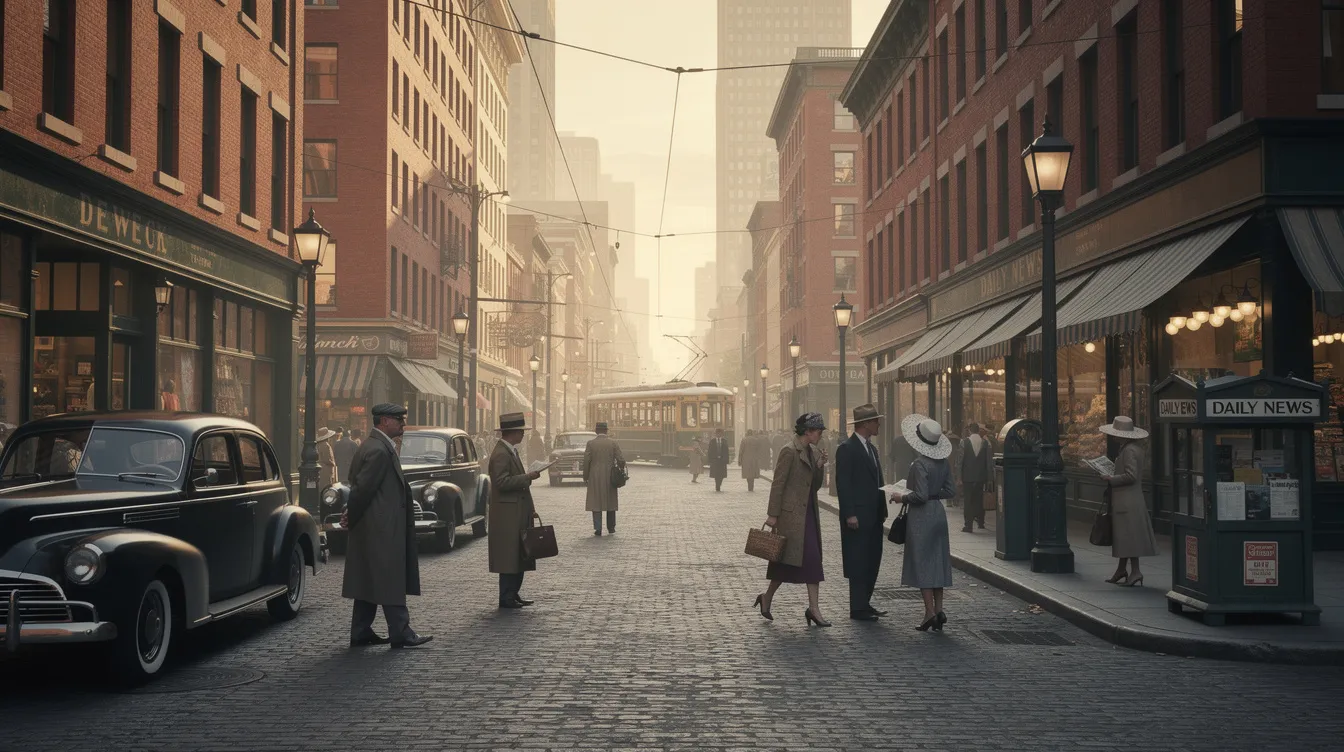 Die historische Straßenszene zeigt eine amerikanische Großstadt der 1940er Jahre mit alten Automobilen und Backsteingebäuden, während Passanten in zeitgenössischer Kleidung vorbeigehen. Diese Kulisse könnte leicht an den Film "Der Pate" erinnern, in dem Themen wie Macht und Familiengeschäfte in der New Yorker Unterwelt behandelt werden.