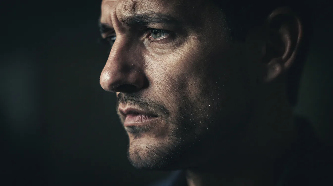 Eine Nahaufnahme eines nachdenklichen Mannes, beleuchtet von dramatischem Seitenlicht, das tiefe Schatten auf sein Gesicht wirft. Diese Bildkomposition vermittelt eine intensive Atmosphäre, die an die emotionale Tiefe von Filmen wie "Avengers: Endgame" erinnert.