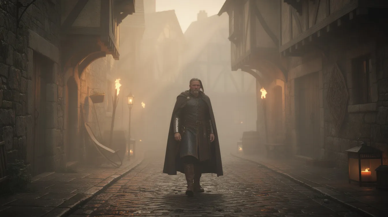 Die Filmszene zeigt einen Mann in einem historischen Kostüm, der durch eine neblige mittelalterliche Stadtkulisse geht, während warmes Licht die Atmosphäre erhellt. Diese Darstellung erinnert an die magischen Elemente und die tiefgründige Handlung, die oft in epischen Geschichten wie "Der Herr der Ringe" oder "Star Wars" zu finden sind.