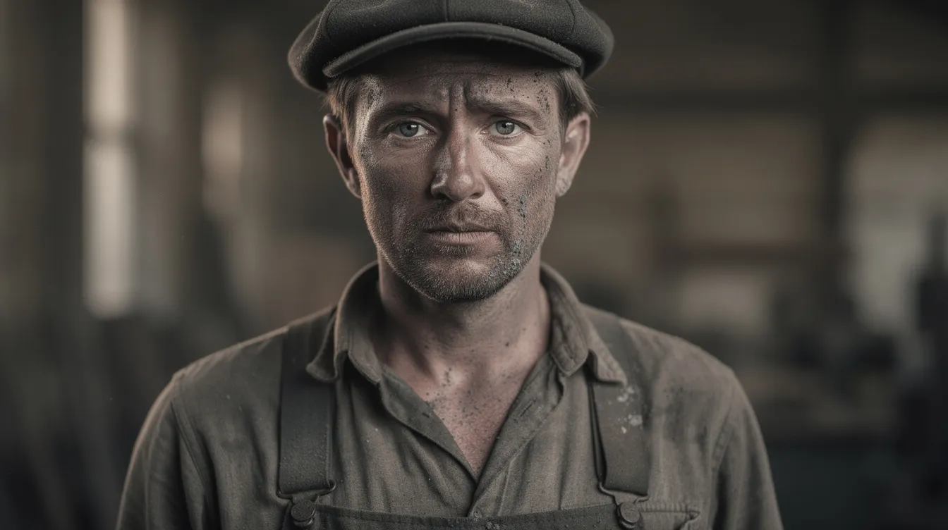 Das Porträt zeigt einen Mann in Arbeitskleidung des frühen 20. Jahrhunderts, dessen ernstes Gesicht mit Staub bedeckt ist, was auf die harte Arbeit eines Schürfers in der Ölindustrie hinweist. Sein Blick vermittelt eine tiefgründige Geschichte von Gier und Konkurrenz, die an die dramatischen Elemente von Paul Thomas Andersons Film "There Will Be Blood" erinnert.