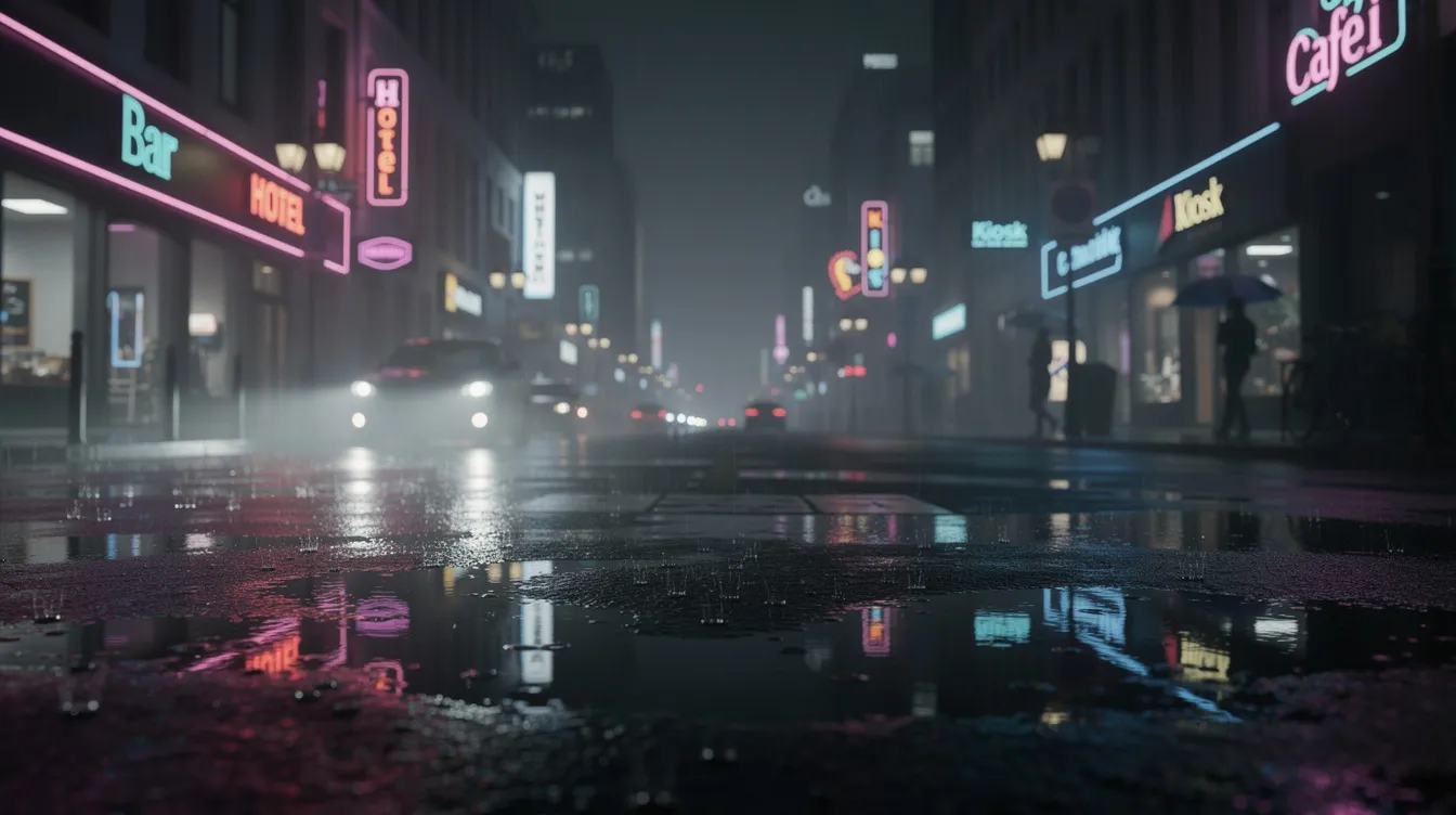 Die dunkle Straßenszene einer Großstadt bei Nacht zeigt regennasse Straßen, die von bunten Neonlichtern erleuchtet werden. Diese Atmosphäre erinnert an Filme von Luc Besson, in denen Auftragskiller und das Leben in der Großstadt zentrale Themen sind.