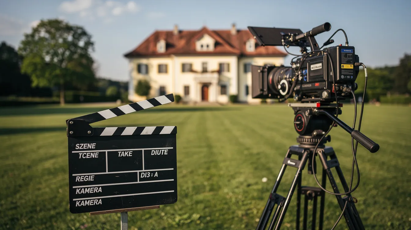 Auf dem Bild ist eine Filmklappe auf einem Set zu sehen, die neben einer Kamera steht. Im Hintergrund befindet sich eine ländliche Villa mit einem großen, gepflegten Rasen, was eine ruhige und idyllische Atmosphäre schafft.