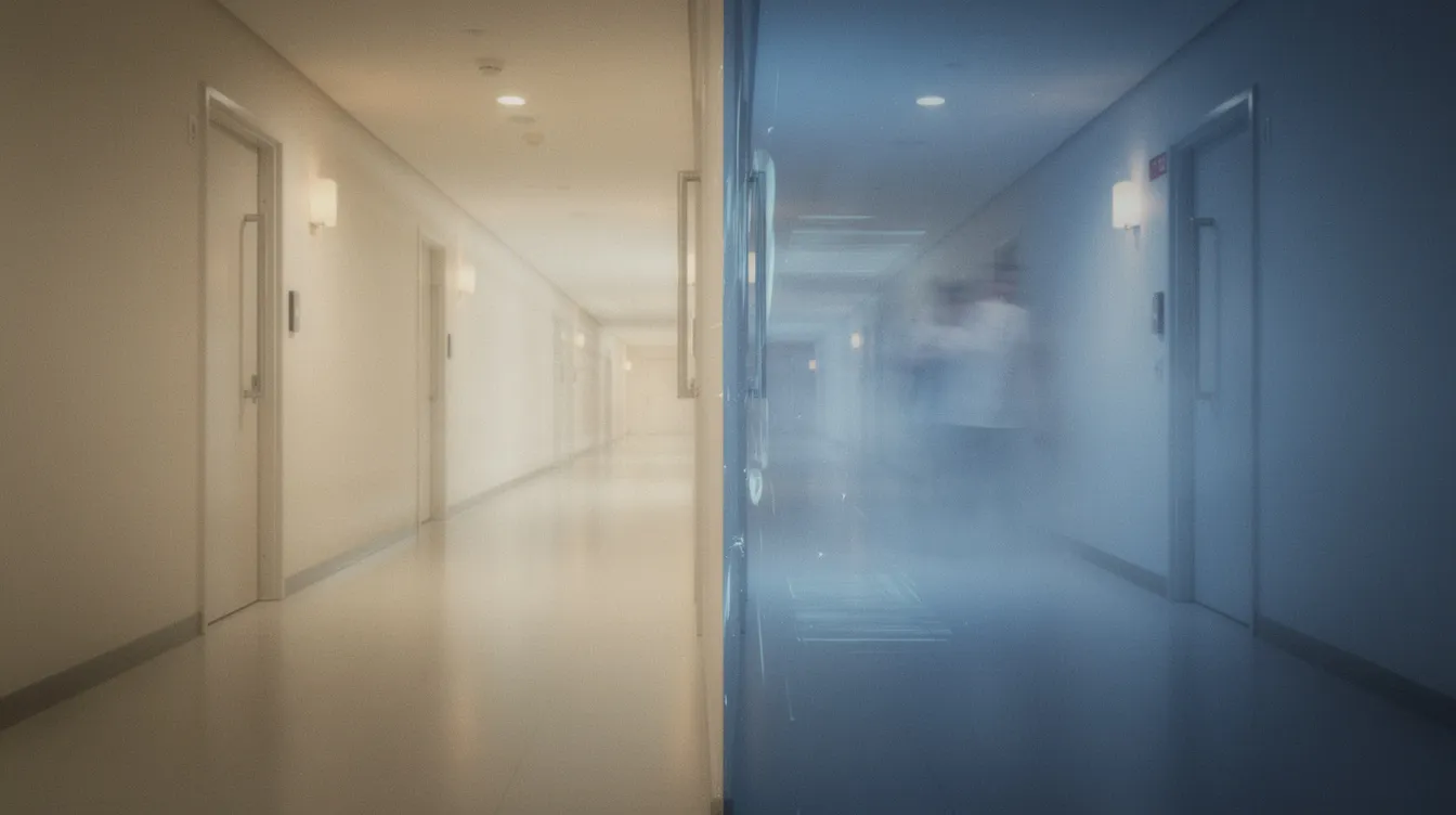 Die geteilte Ansicht eines Flurs zeigt auf der linken Seite einen klaren, hell erleuchteten Bereich, während die rechte Seite in einem bläulichen Licht verschwommen ist. Diese Darstellung symbolisiert die unterschiedlichen Wahrnehmungen der Realität, ähnlich der Thematik von "A Beautiful Mind", die das Leben des Mathematikers John Nash und seine Kämpfe mit Schizophrenie thematisiert.