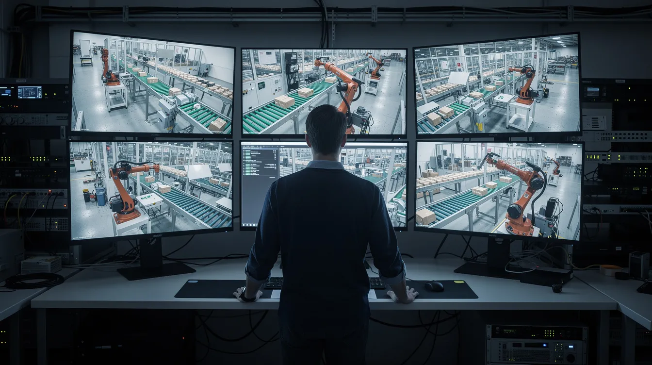 Eine Person steht in einem Produktionskontrollraum vor mehreren Monitoren und überwacht die verschiedenen Kameraeinstellungen einer Serienproduktion. Die Atmosphäre ist geschäftig, während die Person als Showrunnerin die Abläufe im Studio koordiniert und die Entwicklung der Episode im Blick behält.