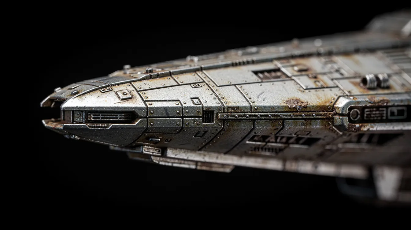 Detailaufnahme eines handgefertigten Miniaturmodells eines Raumschiffs, das vor einem schwarzen Hintergrund präsentiert wird. Die feinen Oberflächendetails des Modells erinnern an die Raumschiffe aus klassischen Science-Fiction-Filmen wie "Alien – Das unheimliche Wesen aus einer fremden Welt".