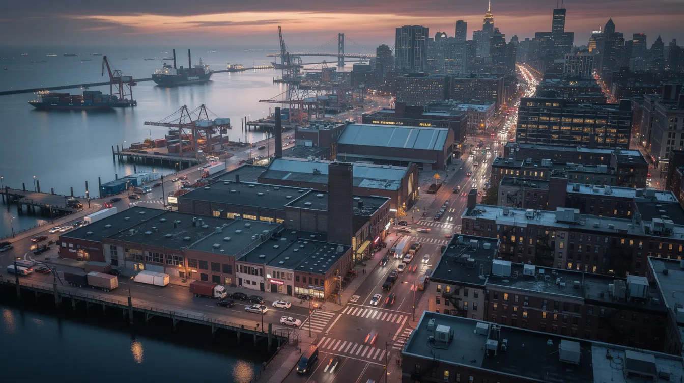 Die Luftaufnahme zeigt ein Hafenviertel einer amerikanischen Großstadt, in dem Industriegebäude und Wohnblöcke in der Abenddämmerung beleuchtet werden. Diese Szene könnte an die Atmosphäre von Filmen wie "The Departed" erinnern, in denen das Stadtleben und die Konflikte zwischen Polizei und Mafia thematisiert werden.