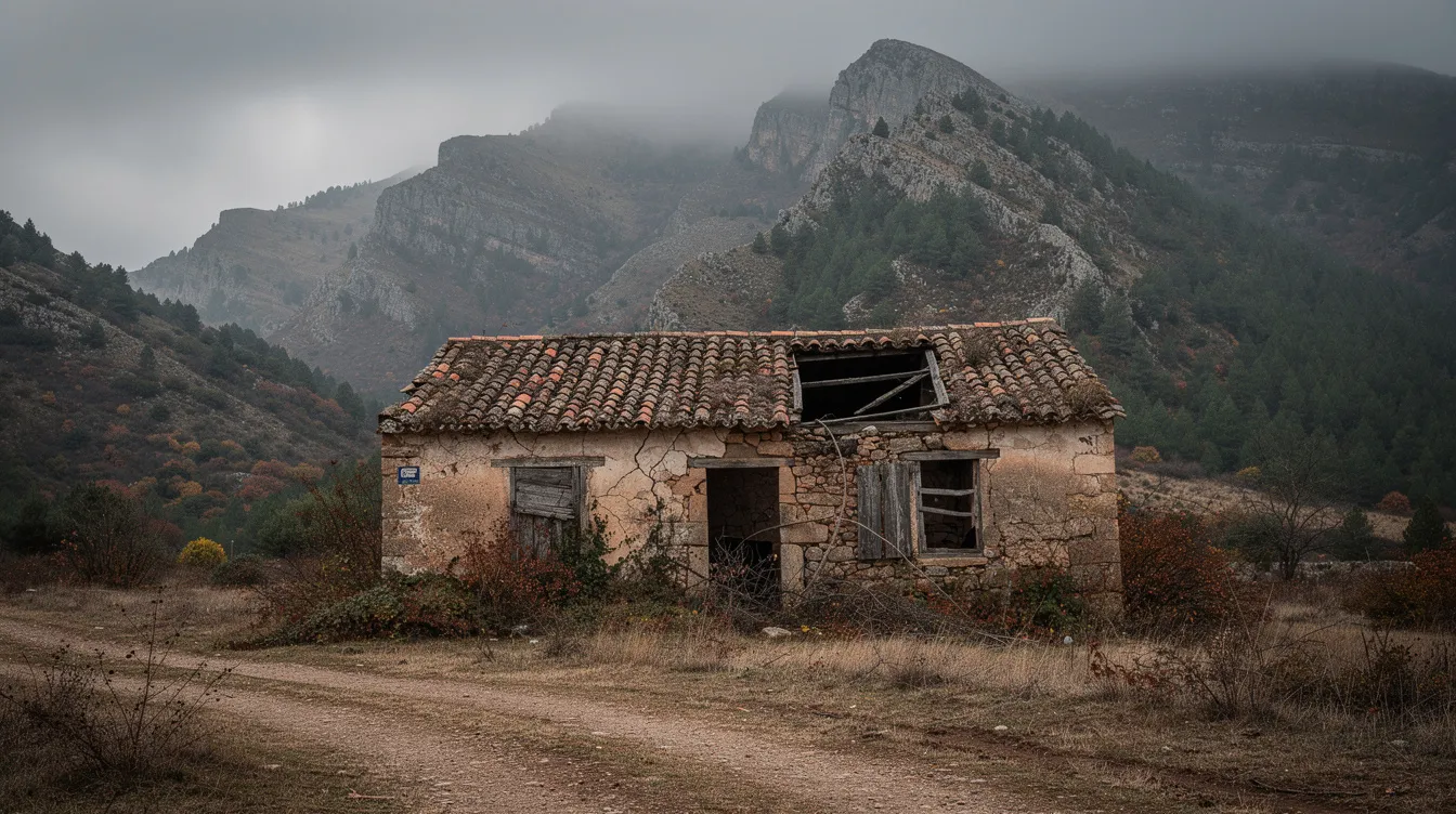 Die spanische Berglandschaft zeigt ein verlassenes Landhaus, umgeben von dichten Wäldern, während trübes Licht die Szene in eine melancholische Stimmung taucht. Diese Atmosphäre erinnert an die düstere Fantasiewelt aus "El Laberinto del Fauno" von Guillermo del Toro.