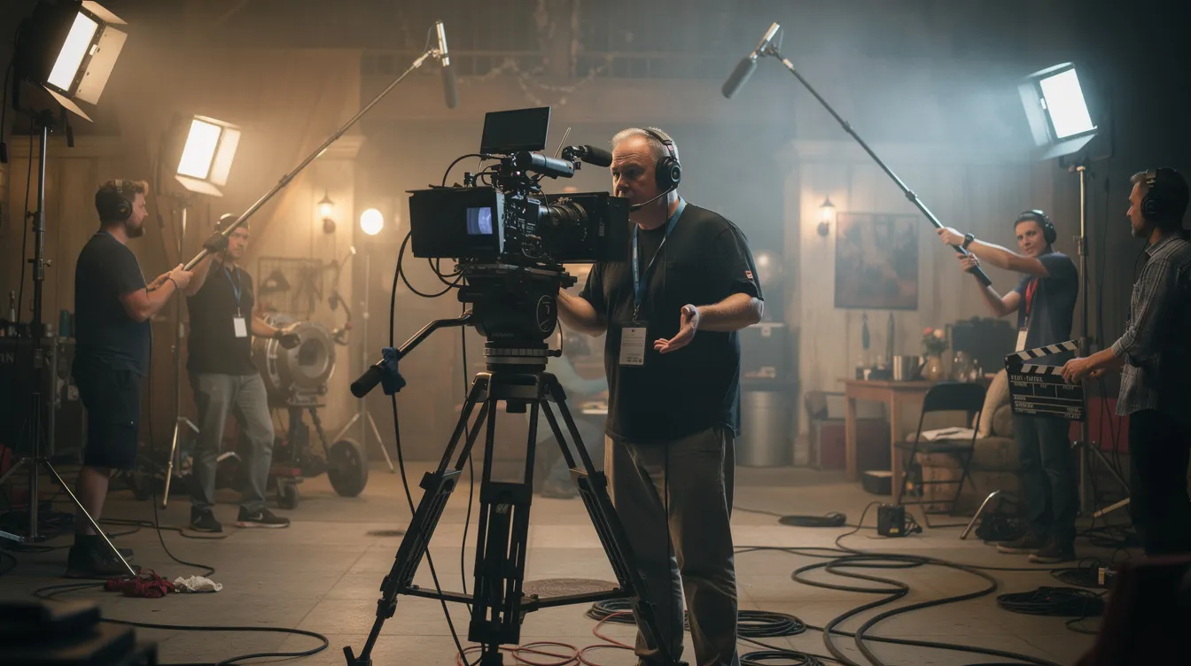 Ein Filmregisseur steht hinter einer großen Filmkamera auf einem aufwendig ausgestatteten Filmset, umgeben von Filmlichtern und Crewmitgliedern, die mit den Dreharbeiten beschäftigt sind. Die Szene vermittelt die kreative Atmosphäre eines Filmprojekts, das an die Meisterwerke von Stanley Kubrick erinnert.