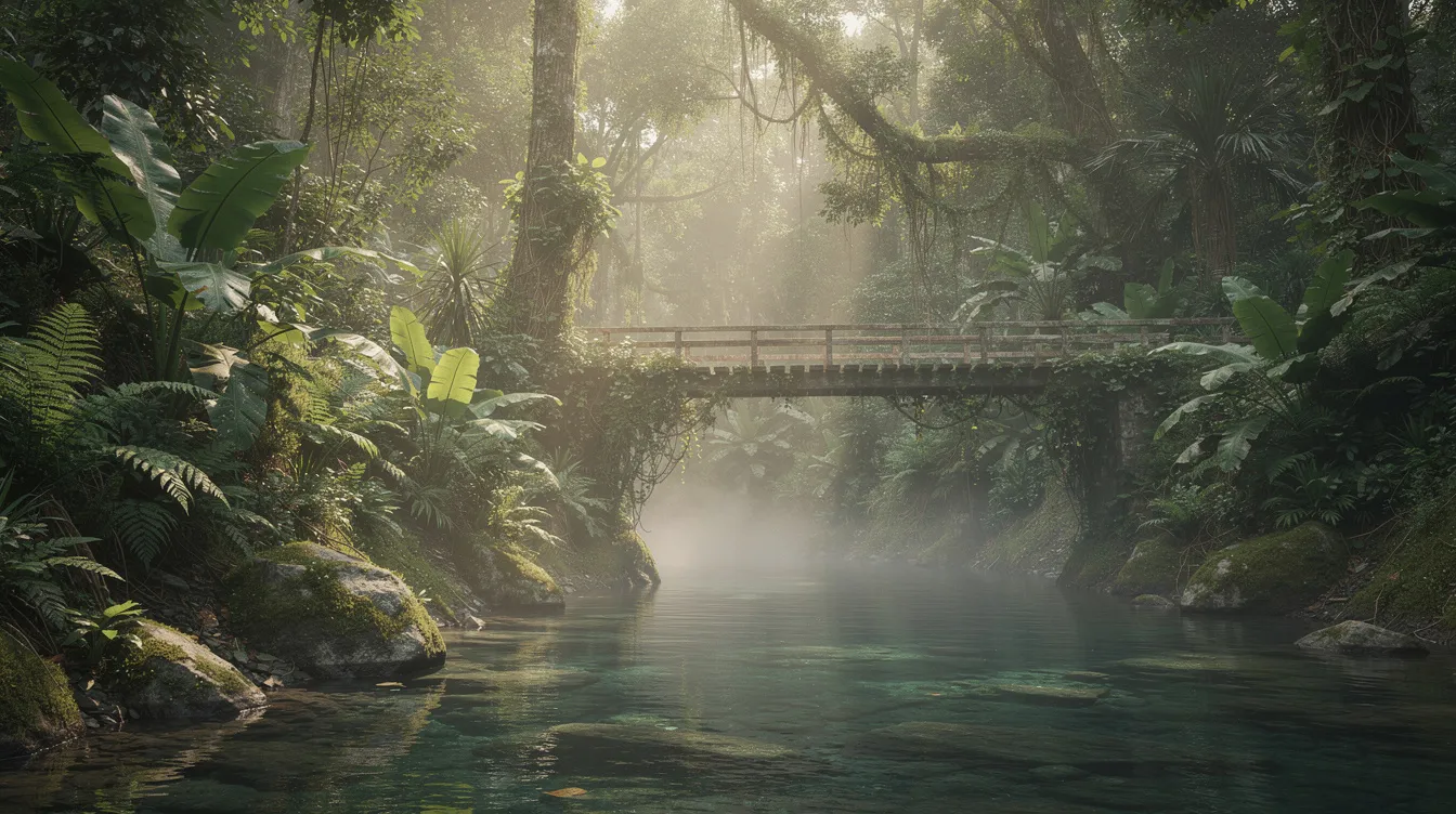 Ein tropischer Fluss schlängelt sich durch einen dichten Dschungel, während im Hintergrund eine Holzbrücke zu sehen ist, die an die berühmte "Brücke am Kwai" erinnert. Das neblige Morgenlicht verleiht der Szenerie eine mystische Atmosphäre, umgeben von üppigem, grünem Regenwald.