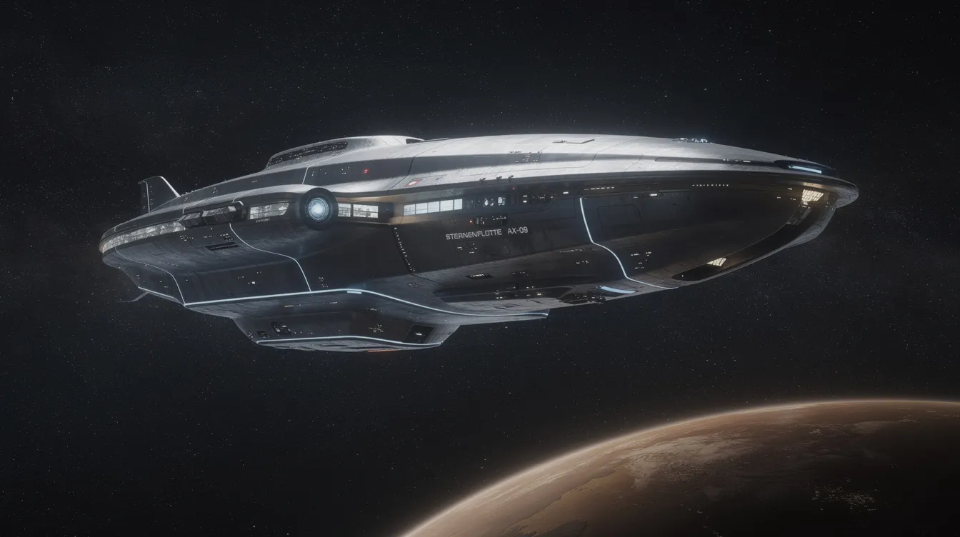 Ein gewaltiges, leuchtendes Raumschiff schwebt majestätisch vor einem funkelnden Sternenhimmel, während im Hintergrund die bräunlich schimmernde Erde sichtbar ist. Dieses futuristische Raumschiff erinnert an die Technologie aus dem Film "Wall·E - Der letzte räumt die Erde auf" und symbolisiert die Erkundung des Weltalls und die Herausforderungen der Zukunft.
