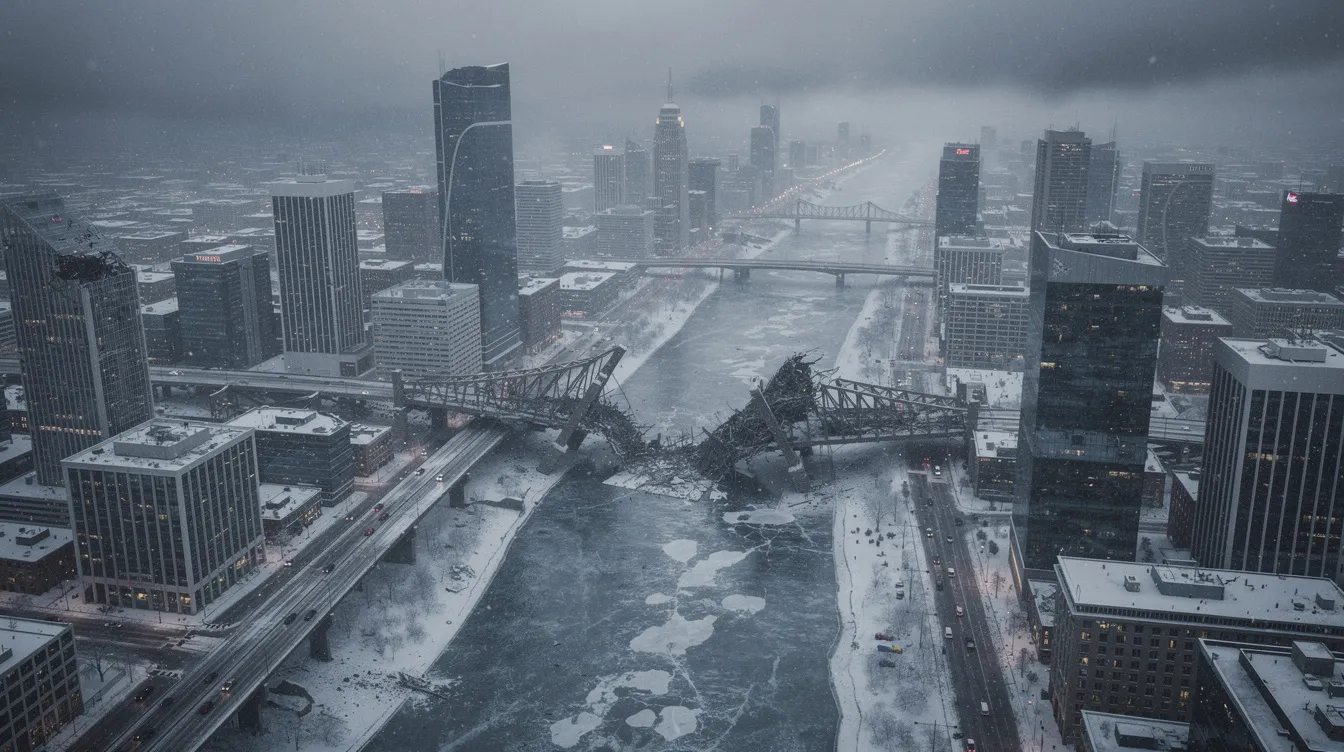 Die Luftaufnahme zeigt eine winterliche Großstadt mit verschneiten Wolkenkratzern und eingestürzten Brücken, die eine düstere Atmosphäre erzeugen, ähnlich der von Gotham City in "The Dark Knight Rises". Vereinzelte Stadtviertel wirken isoliert und verlassen, was das Gefühl von Verzweiflung und Chaos verstärkt.