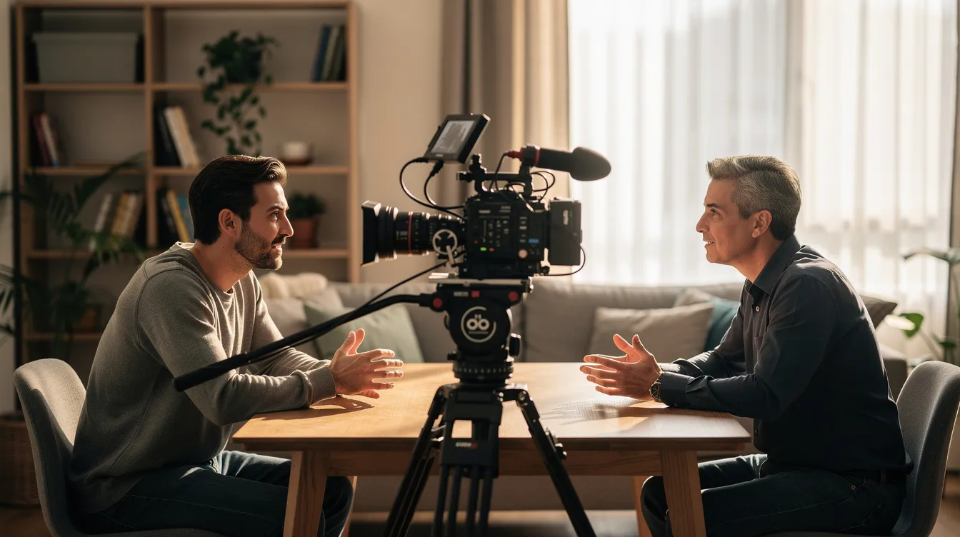 Im Wohnzimmer sitzen zwei Personen an einem Tisch gegenüber und führen ein Gespräch, während eine Filmkamera auf einem Stativ auf Augenhöhe positioniert ist. Die Szene zeigt die Figuren in einem natürlichen Blickwinkel, was dem Zuschauer einen direkten Eindruck von der Handlung und der Interaktion zwischen den Personen vermittelt.