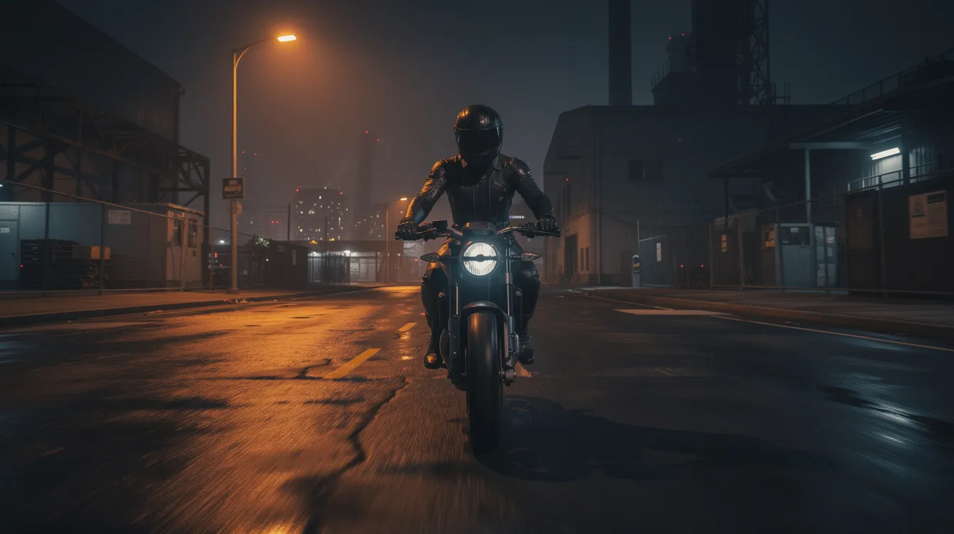 Ein Motorrad fährt nachts auf einer leeren Straße durch eine düstere urbane Industrielandschaft, beleuchtet von orangefarbenem Licht der Straßenlaternen. Der Fahrer in Lederkleidung erinnert an die Atmosphäre von James Camerons "Terminator 2: Tag der Abrechnung", während er durch die Schatten der Maschinenwelt gleitet.