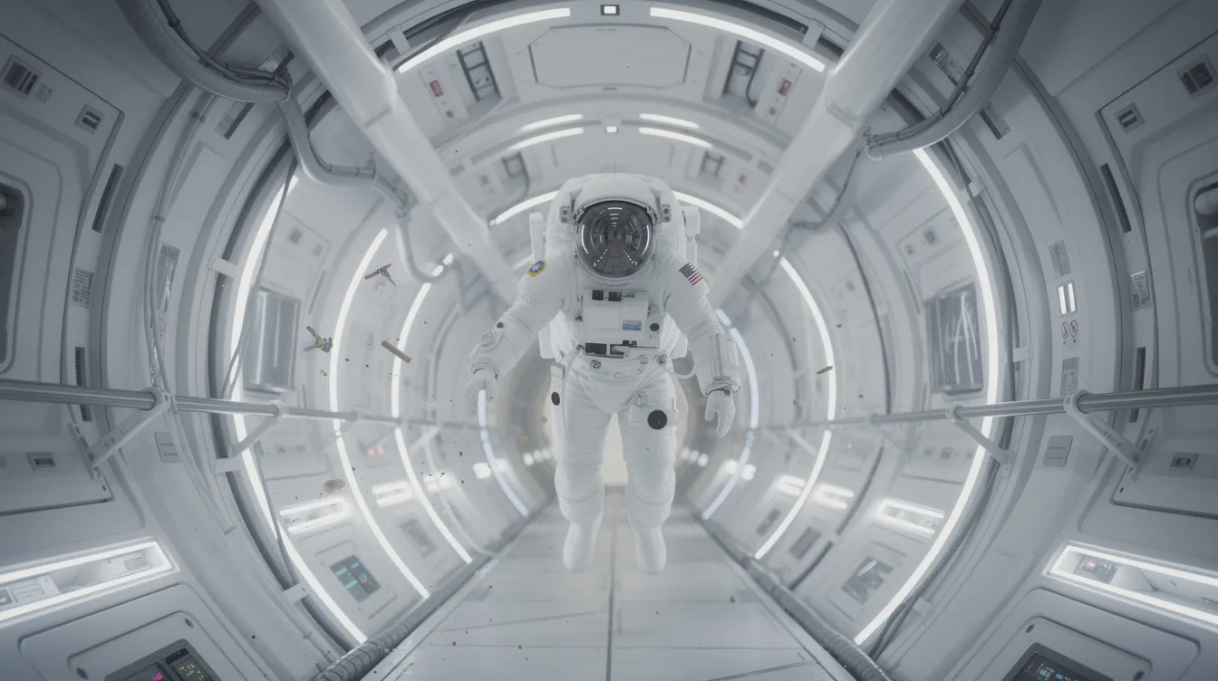 Ein Astronaut in einem weißen Raumanzug schwebt schwerelos in einem großen, kreisförmigen Raumfahrtschiff-Korridor mit geschwungenen weißen Wänden und sanfter Beleuchtung. Diese Szene erinnert an die Ästhetik von Stanley Kubricks Meisterwerk "2001: Odyssee im Weltraum".