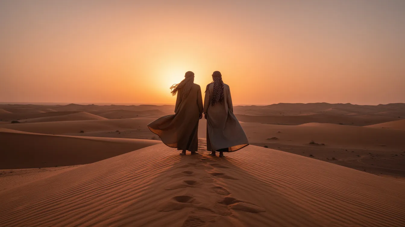 Zwei Figuren in Wüstenkleidung stehen auf einer Düne und blicken in einen orangefarbenen Horizont, während die weite Sandlandschaft des Wüstenplaneten Arrakis im Hintergrund sichtbar ist. Diese Szene spiegelt die epische Atmosphäre des Science-Fiction-Klassikers "Dune" wider, der von Denis Villeneuve verfilmt wurde.