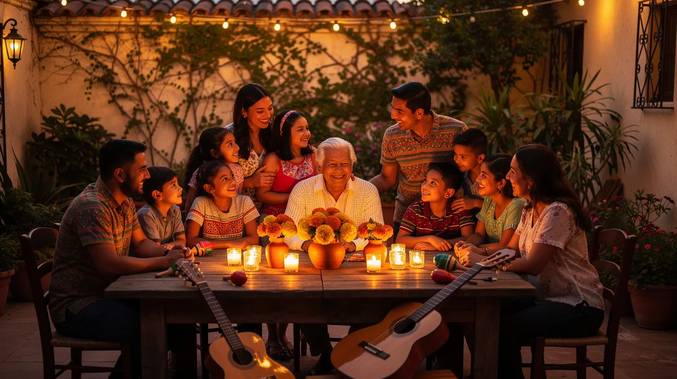 Eine warmgoldene Szene zeigt eine multikulturelle mexikanische Familie, die sich bei Dämmerung um einen Tisch mit Kerzen, Blumen und Musikinstrumenten versammelt hat. Der gemütliche Innenhof strahlt eine Atmosphäre der Verbundenheit und Tradition aus, die an den Film „Coco“ und die Feierlichkeiten des Día de Muertos erinnert.