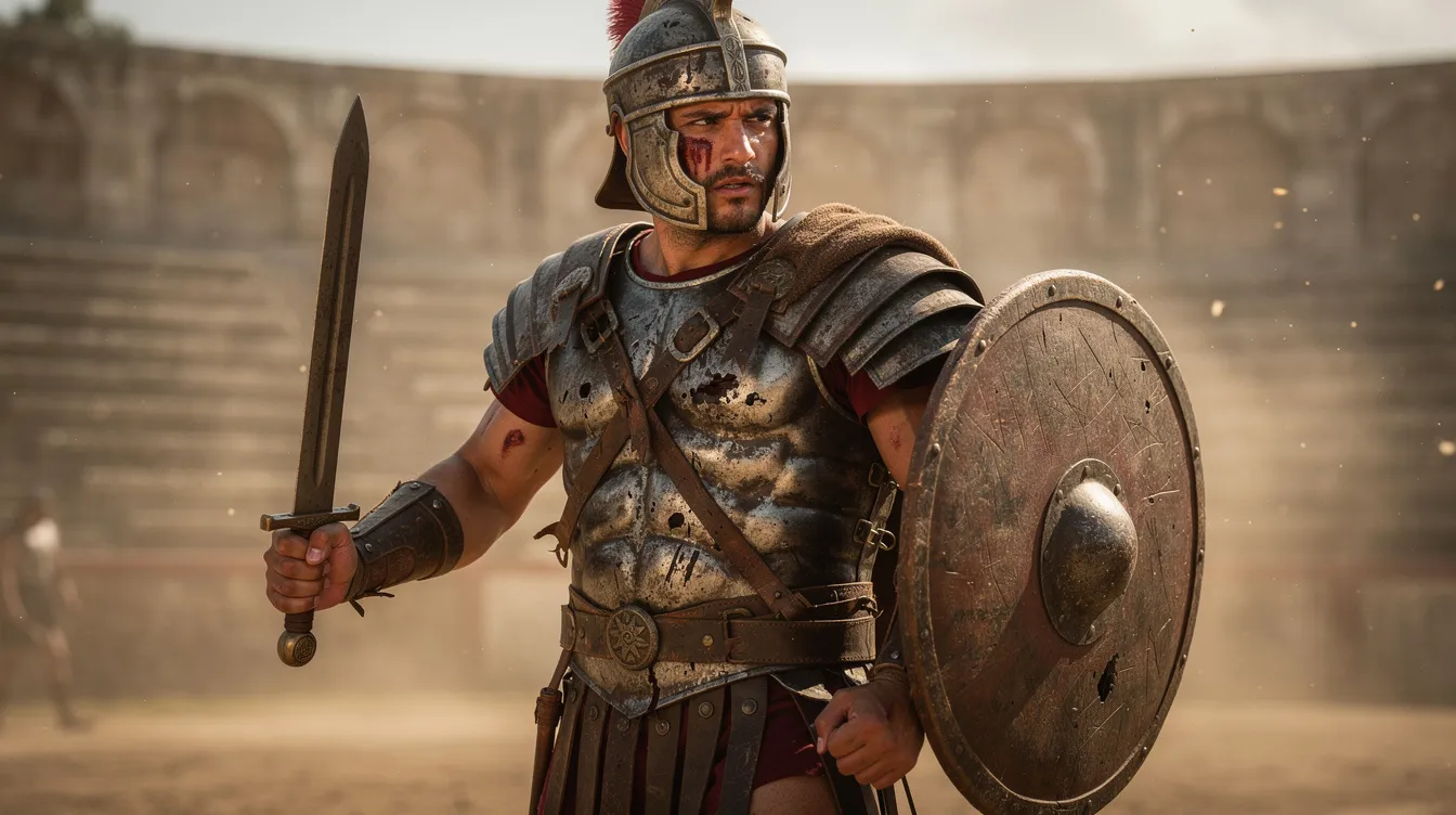 Die Nahaufnahme zeigt einen römischen Gladiator in abgenutzter Kampfrüstung, der mit einem Schwert und einem Schild bewaffnet ist. Im Hintergrund weht die staubige Luft der Arena, die an die epischen Kämpfe und Intrigen erinnert, die in Filmen wie "Gladiator" von Ridley Scott dargestellt werden.