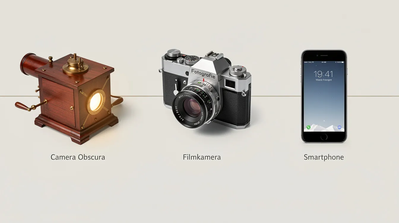 Die fotorealistische Darstellung zeigt einen Zeitstrahl mit einer antiken Camera Obscura auf der linken Seite, gefolgt von einer analogen Filmkamera in der Mitte und einem modernen Smartphone auf der rechten Seite. Diese Geräte repräsentieren die Entwicklung der Fotografie von der Analogfotografie bis zur digitalen Fototechnik.