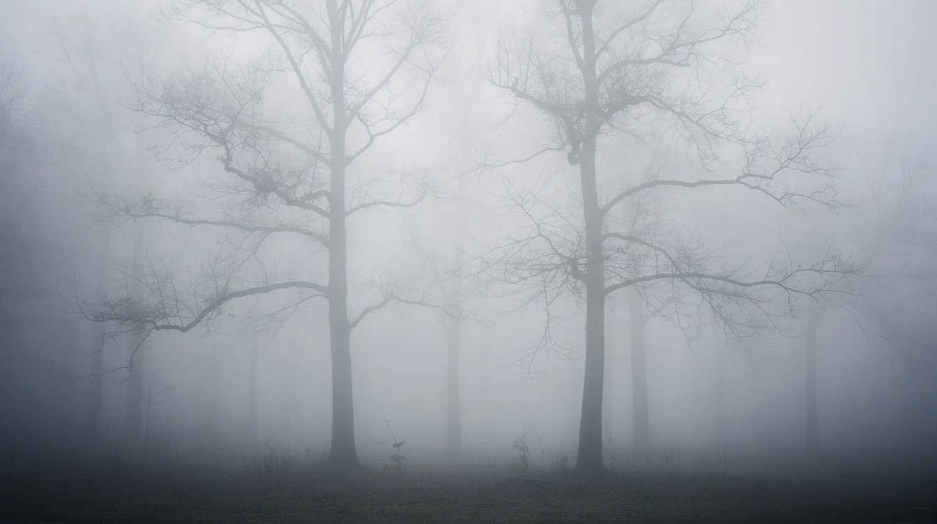Ein nebliger Wald mit kahlen Bäumen ist in diffusem, fahlem Licht getaucht, das durch den Dunst fällt und eine geheimnisvolle Atmosphäre schafft. Die Szenerie erinnert an spannende Thriller-Momente, in denen die Suche nach der Wahrheit und die Ermittlungen von Detektiven im Vordergrund stehen.