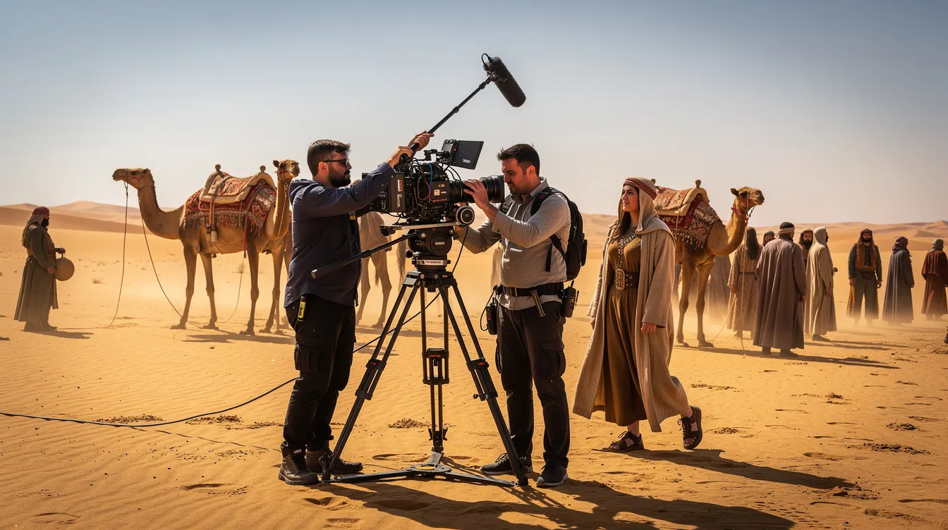 Eine Filmcrew mit einer großen Kamera auf einem Stativ steht in einer weiten Wüstenlandschaft, während im Hintergrund Kamele und Statisten im gleißenden Sonnenlicht zu sehen sind. Diese Szene erinnert an das Meisterwerk "Lawrence von Arabien", das die Schönheit und Herausforderungen des Lebens in der Wüste thematisiert.