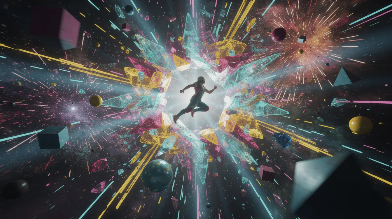 Die dynamische Actionszene zeigt eine Figur, die durch ein leuchtendes Portal aus bunten Lichtfragmenten springt, umgeben von geometrischen Formen und Farbexplosionen. Diese Darstellung erinnert an die aufregenden Abenteuer im "Spider-Verse", wo verschiedene Spider-People wie Miles Morales und Gwen Stacy gegen Bedrohungen aus dem Multiversum kämpfen.