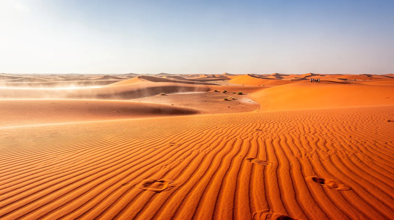 Die Weite der Wüstenlandschaft zeigt orangefarbene Sanddünen, die im grellen Sonnenlicht leuchten, während winzige menschliche Figuren am Horizont sichtbar sind. Diese Szene erinnert an den Science-Fiction-Klassiker "Dune", der die faszinierende Welt des Wüstenplaneten Arrakis thematisiert.