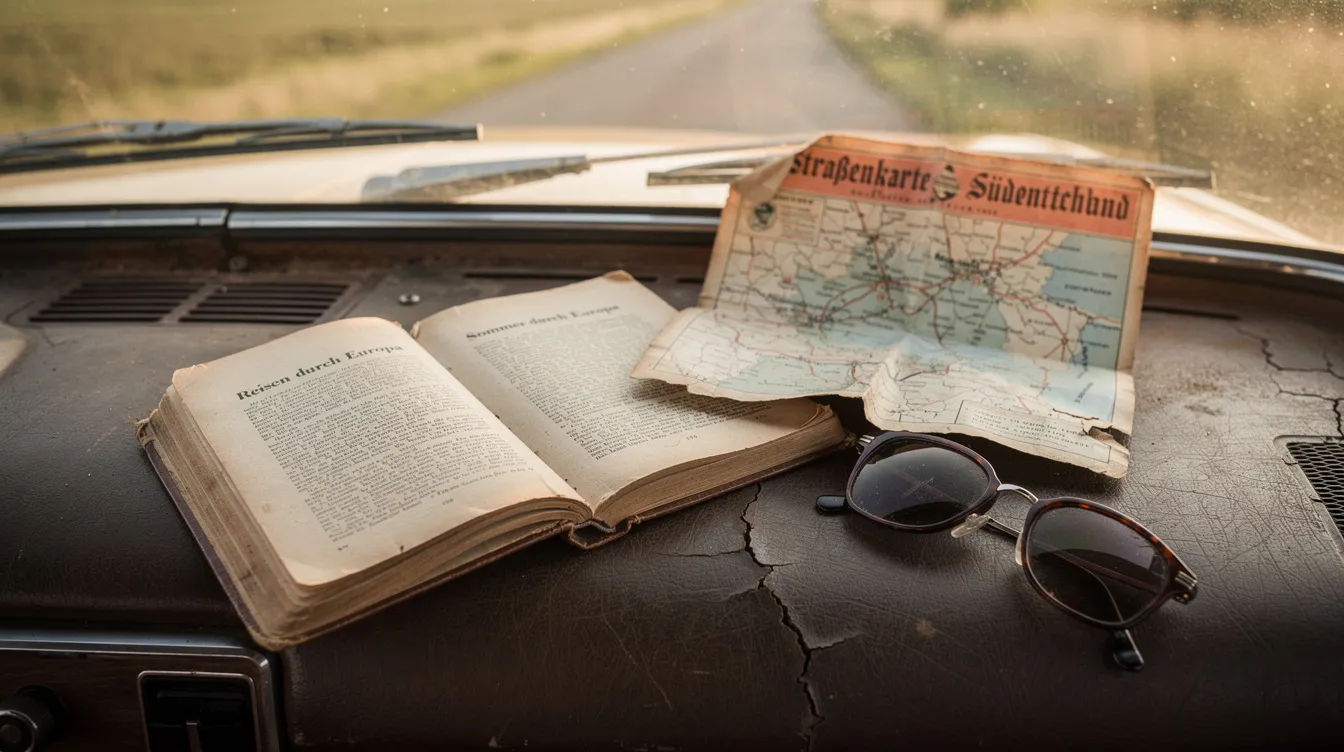Ein aufgeschlagenes altes Reisebuch aus den 1960er Jahren liegt auf dem Armaturenbrett eines Oldtimers, umgeben von einer gefalteten Straßenkarte und einer Sonnenbrille. Dieses Bild evoziert die Geschichte von "Green Book – Eine besondere Freundschaft", die die Reise eines Italo-Amerikaners und eines schwarzen Pianisten durch die rassentrennten Südstaaten der USA thematisiert.