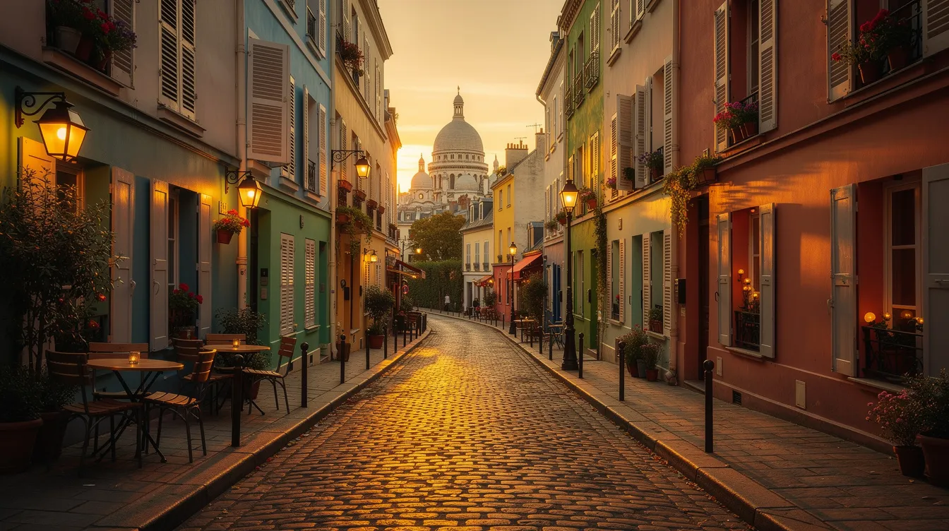 Eine malerische Straße in Montmartre, Paris, zeigt bunte Hausfassaden und Kopfsteinpflaster, während warmes Abendlicht die Szene in Gelb- und Rottöne taucht. Diese idyllische Atmosphäre erinnert an die fabelhafte Welt der Amélie, die von Jean-Pierre Jeunet meisterhaft inszeniert wurde.