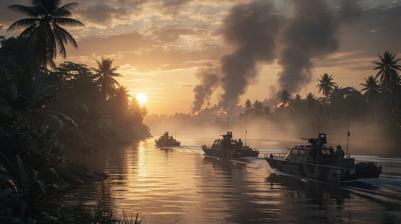 Die Flusslandschaft im Dschungel bei Sonnenuntergang zeigt Militärboote, die durch das Wasser treiben, während dichter Rauch am Horizont aufsteigt. Diese Szene erinnert an die düstere Atmosphäre klassischer Filme wie "Apocalypse Now", die den Vietnamkrieg thematisieren und Teil der besten Filme der 70er Jahre sind.