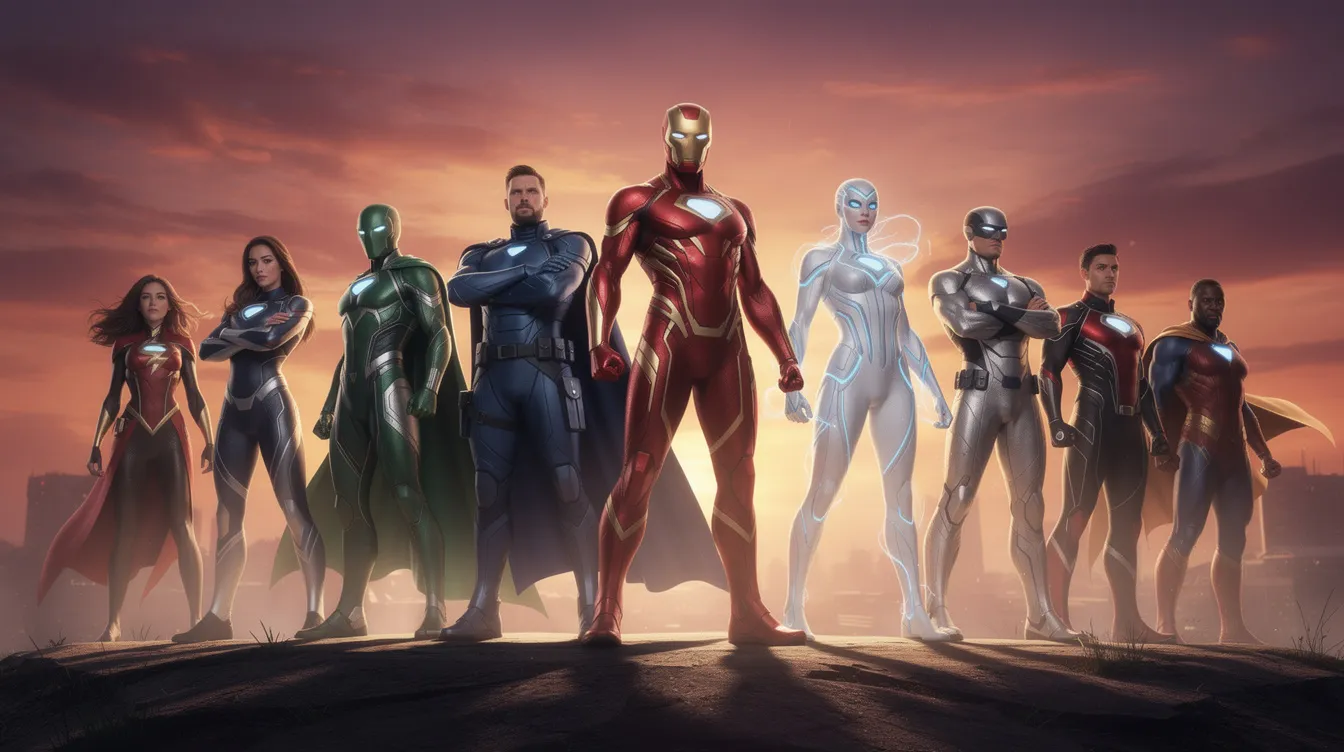 Eine Gruppe von Superhelden in verschiedenen Kostümen steht nebeneinander in heroischer Pose vor einem atemberaubenden Sonnenuntergang. Die Szene erinnert an "Avengers Infinity War" und zeigt ikonische Figuren wie Tony Stark, Steve Rogers und Natasha Romanoff, die bereit sind, sich dem Bösewicht Thanos zu stellen.