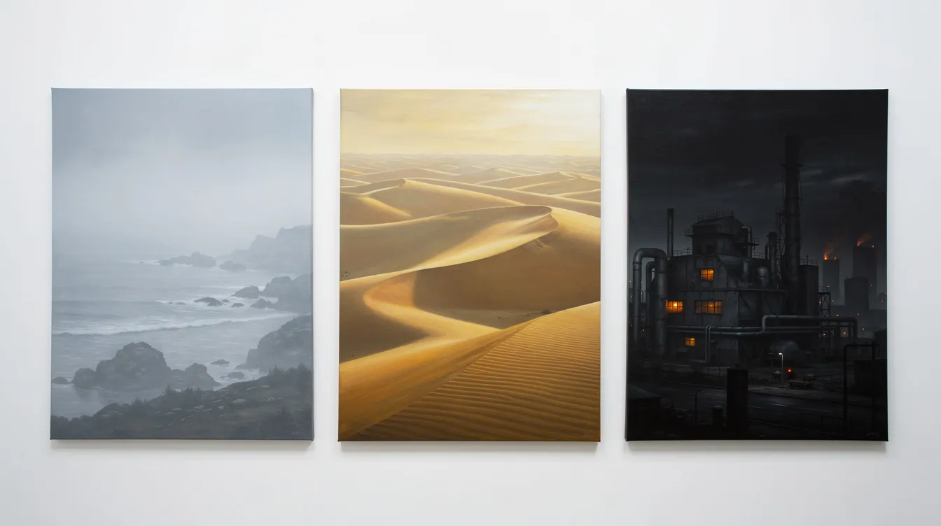 Das Bild zeigt drei nebeneinander angeordnete Landschaften: auf der linken Seite eine neblige Küstenlandschaft in Blaugrau, in der Mitte goldene Sanddünen, und rechts eine düstere industrielle Landschaft unter einem schwarzen Himmel. Diese Kontraste reflektieren die unterschiedlichen Welten, die in Frank Herberts Science-Fiction-Klassiker "Dune" und den Verfilmungen von Denis Villeneuve und David Lynch dargestellt werden.
