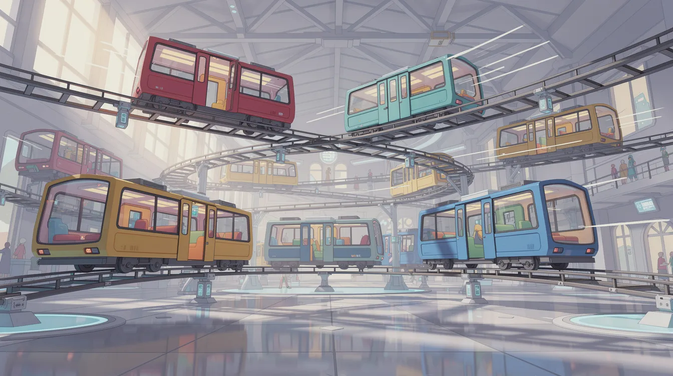 Die Illustration zeigt ein farbenfrohes Schienensystem in einer großen Halle, in der bunte Türen hängen und sich in verschiedene Richtungen bewegen. Diese lebendige Szene erinnert an die Welt von Monsters Inc., wo Abenteuer und Freundschaft in der Monsterwelt lebendig werden.